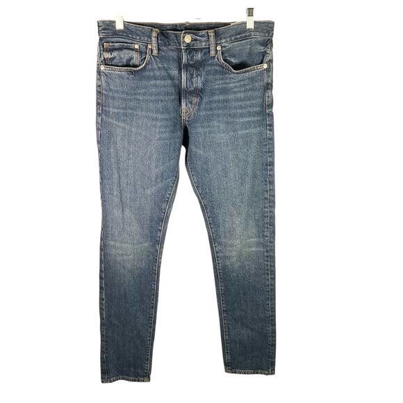 H&M &Denim Slim Straight Jeans Blue Stretch Mid Rise Size 32 Women’s Button Fly - Picture 1 of 15